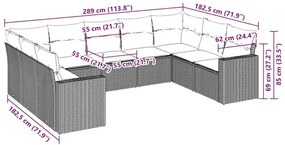 9 pcs conj. sofás jardim com almofadões vime PE cinzento-claro