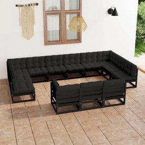 vidaXL 13 pcs conjunto longue jardim c/ almofadões pinho maciço preto
