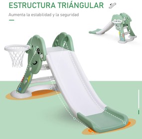 HOMCOM Escorrega infantil para crianças acima de 2 anos com cesta de basquete Interior e exterior carga 25 kg Acessórios incluídos 160x35x68 cm Verde e Branco