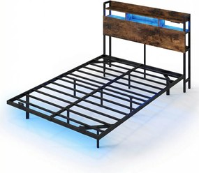 Estrutura de cama 200 x 140 cm (COLCHÃO NÃO INCLUIDO) com LED e plataforma de carga industrial em metal, com cabeceira com espaço de arrumação e ripas