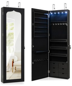 Armário para joias com espelho, iluminação LED, fechadura, montagem na porta e na parede, 36,5 x 11,5 x 120 cm preto