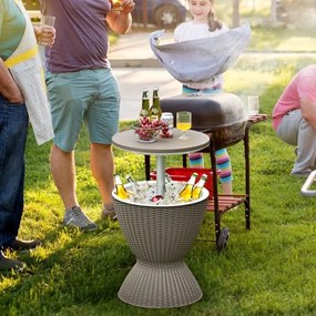 Mesa Geleira de jardim de 30 L Mesa de bar baixa de 30 L com tampo de elevação em imitação de rattan para bebidas e festas Φ 48,5 x 57,5 cm Castanho c