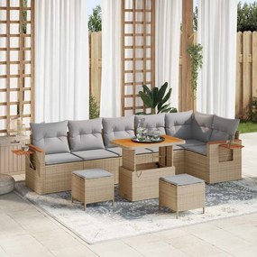 Conjunto de Sofás de Jardim vidaXL de 9 Peças com Almofadas Bege e Vime de Acácia