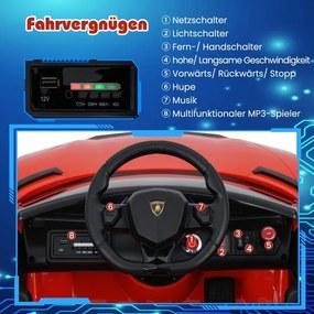 Carro elétrico Lamborghini 12V para crianças com controlo remoto 2,4G e faróis LED 3 a 5km/h Vermelho