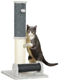 Arranhador para Gatos com Poste de Sisal Escova de Auto Higiene e Bola Suspensa 40x48x85 cm Cinza e Creme