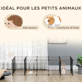 Recinto modular para pequenos animais (coelhos, roedores, cachorrinhos) – 18 painéis de arame de aço, 2 portas, 175 x 70 x 45, preto