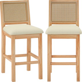 HOMCOM Conjunto de 2 Banquetas de Bar, Banquetas com Encosto Efeito Vime, Assento Estofado em Chenille Altura 66 cm, Creme | Aosom Portugal
