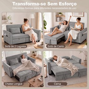 Sofá-cama de 2 Lugares 4 em 1 com 2 Módulos Extraíveis, Encosto Ajustável em 3 Posições, Bolsos Laterais e 2 Almofadas, Cinzento