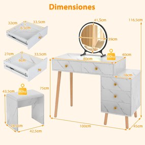Conjunto de Toucador para maquilhagem com espelho removível, 3 luzes, 5 gavetas e banquinho acolchoado branco