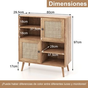 Aparador em rattan com 4 cubículos e 2 portas decoradas Armário de acento Boho em rattan para sala de jantar 80 x 29,5 x 97 cm Natural