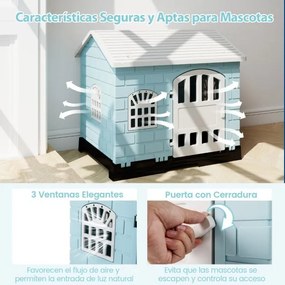 Casota dobrável 75 x 58 x 65 cm de plástico para cães resistente às intempéries para animais de estimação com bandeja sanitária Porta Azul Claro