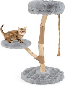 Arranhador para gatos 50 x 90 cm com plataforma central de atividades em madeira maciça, com postes para arranhar em juta natural, natural e Cinzento
