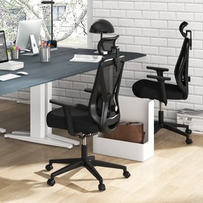Cadeira de escritório giratória ajustável com encosto giratório de 90°-120° Apoio de cabeça ajustável e apoios de braços Preto