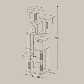 Arranhador com 2 plataformas superiores e 2 cavernas 49 x 40 x 155 cm bege