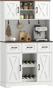 Amário de Cozinha Alto com Suporte para 8 Garrafas 4 Portas 3 Gavetas Prateleiras Abertas100x38x172 cm Branco