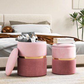 Conjunto de 2 Pufes redondos estofados com 32 L e 21 L de espaço de arrumação e assento almofadado com esponja Rosa