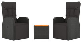 3 pcs conjunto lounge para jardim vime PE/acácia maciça preto