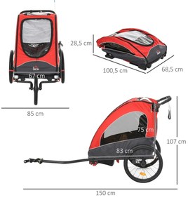 Reboque de criança 3 em 1 de 2 lugares para crianças acima de 6 meses Dobrável com barra rodas giratórias e guiador ajustável 150x85x107cm Vermelho
