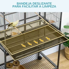 Gaiola para Pássaros com Rodas 81x48x162,5 cm com Bandeja 4 Poleiros 4 Comedouros e Prateleira Preto e Cinza