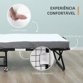 Cama Dobrável 200x90x42,5cm Cama de Campismo Portátil com Colchão Individual Rodas e Travões Carga Máxima 150kg Preta