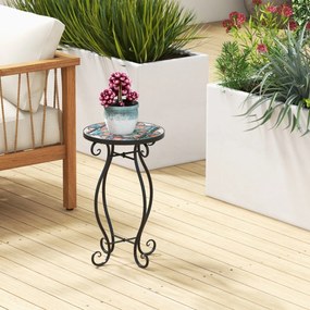 Mesa auxiliar de jardim em mosaico 30 x 50 cm (diâmetro x altura) com tampo em azulejos de cerâmica para varanda e jardim Preto