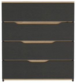 Cómoda Zoe em melamina com quatro gavetas e calhas metálicas, preto/mel