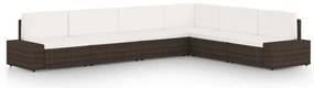 6 pcs conjunto lounge p/ jardim c/ almofadões vime PE castanho