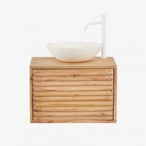 Conjunto De Móveis De Banheiro De Madeira Suspensos Deleyna Madeira Natural & Cimento Redondo Branco Ø40 Cm Zavion & Sem Espelho & - Sklum