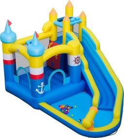 Castelo Insuflavel Escorrega aquático insuflável para crianças com piscina (SEM SOPRADOR), cascata, parede de escalada e basquetebol, Multicolorido