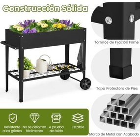 Floreira de jardim elevada 95 x 40 x 80 cm com pernas e prateleira inferior com rodas e pernas de metal preto