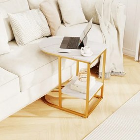 Mesa lateral moderna 60 x 40 x 60 cm em forma de C com tampo em mármore artificial e prateleira Branco + Dourado