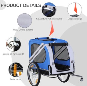 Reboque de bicicleta para cães e animais, com 8 refletores, bandeira e barra de engate incluídas, 130 x 73 x 90 cm, branco e azul