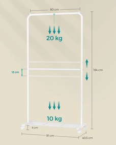 Guarda roupa com rodas 2 hastes 40,5 x 91 x 194 cm branco