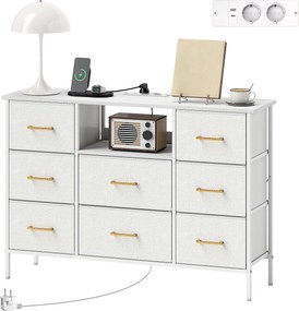 Cómoda com 8 gavetas em tecido felpudo, móvel de arrumação com 2 tomadas, estrutura em aço 110 x 30 x 76 cm, cor creme