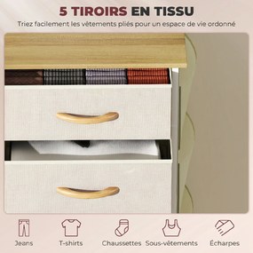 Cómoda de Arrumação com 5 Gavetas em Tecido, 45 x 30 x 94,5 cm, Arrumação Lateral com Bolsas e Ganchos, Bege