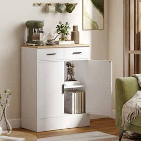 Aparador de Sala de Estar com 2 Gavetas e Prateleiras Ajustáveis 68,6x35x90,3 cm Branco e Madeira