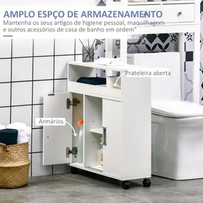 kleanklin Armário Casa de Banho com 2 Prateleiras Abertas 3 Portas e Prateleira Interior Ajustável Móvel Auxiliar de Armazenamento com Rodas para Sala