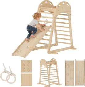 Triângulo de Escalada Montessori 6 em 1 Estrutura de Madeira com Plataforma Anéis e Escorrega para Escalar ou Deslizar Madeira