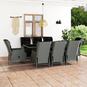 vidaXL 9 pcs conj. jantar exterior + almofadões vime PE cinzento-claro
