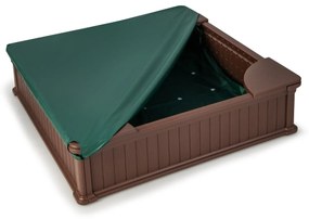 Caixa de areia infantil ao ar livre em HDPE 123,5 x 123,5 x 31,5 cm com tampa Oxford 4 assentos de canto Castanho