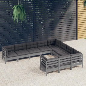 10 pcs conjunto lounge de jardim c/ almofadões pinho cinza