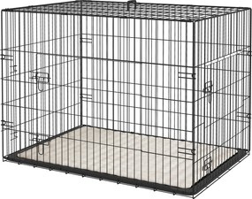 Gaiola de transporte dobrável para cães com pega, tabuleiro removível e almofada incluída – 90 x 57,5 x 62 cm – preta