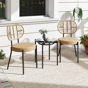 Conjunto jardim PE e Rattan 3 Peças com Mesa de Café em Vidro Temperado e 2 cadeiras para Varanda, Terraço e Pátio Caqui