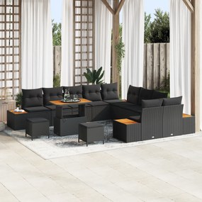 Conjunto de Sofá de Jardim vidaXL de 13 Peças com Almofadas Preto Rattan Poliéster Acácia