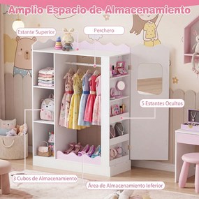 Armário Infantil para Roupa, 88 x 36 x 118,5 cm, Espelhos Interior e Exterior, Rosa