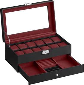 Caixa para relógios com 12 compartimentos e tampa de vidro 18,5 x 32,5 x 13,5 cm, forro interior em vermelho vinho, preta