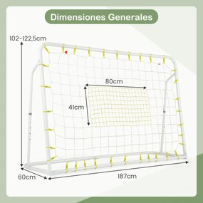 Baliza de futebol com ângulo ajustável e rede de ressalto e rede baliza comEstrutura metálica robusta para crianças com mais de 6 anos 187 x 122,5 cm