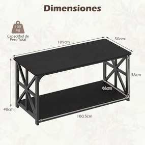 Mesa de centro de estilo industrial 109 x 50 x 48 cm, 2 níveis, prateleira aberta, estrutura metálica, para sala de estar, preta
