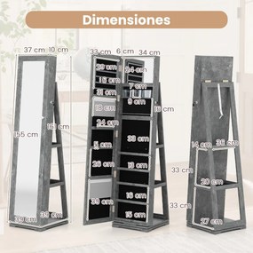 Espelho giratório 360° para joias com espelho de corpo inteiro Organizador de joias com espelho para maquilhagem 39 x 39 x 161 cm Cinza escuro