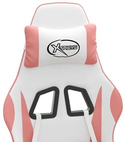 Cadeira gaming giratória c/ apoio pés couro artif. branco/rosa